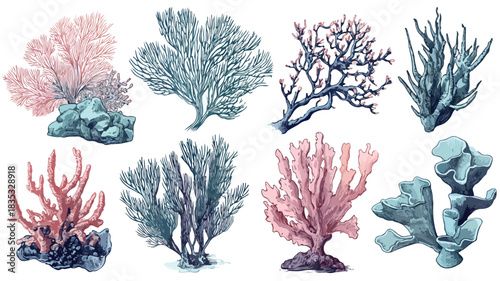 Vibrant Collection of Seaweeds and Corals Vector Illustration