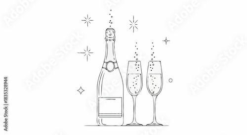 Elegant illustration of a champagne bottle and two glasses, symbolizing celebration and luxury, perfect for festive occasions
