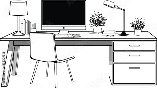 Modern Computer Desk with Computer and Drawing, Technology Workspace Concept