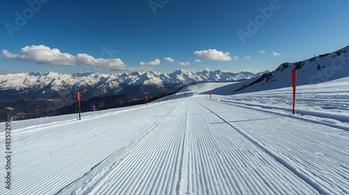 High-detail ski trail in the mountains with clean, freshly prepared snow.