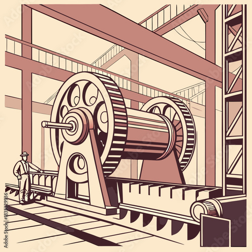 Vintage industrial scene with a large mechanical winch and a worker in a factory setting