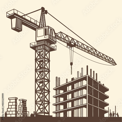Tower crane and unfinished building silhouette on a construction site with brick stacks and workers