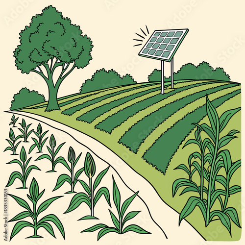 Sustainable agriculture powered by solar energy on a lush green farm with rows of crops and a large tree