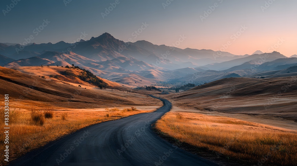 Fototapeta premium Winding asphalt road cuts through dry grassy hills leading towards misty mountains in the distance under soft golden hour sunlight.