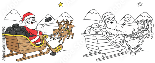 Christmas coloring book page for kids with Santa Claus in sleigh full of hockey pucks and reindeer vector illustration