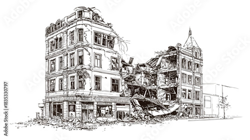 Architectural drawing of building with broken facade in vector outline style