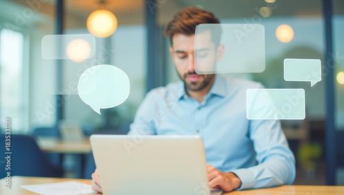 businessman with a laptop at the table , dialogue bubbles