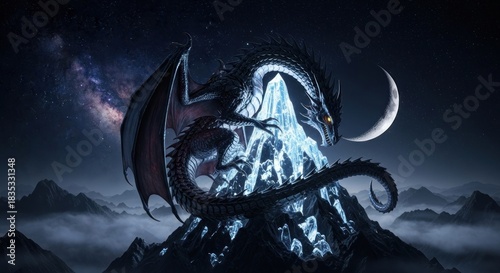 A majestic dragon perches atop a glowing ice mountain under a starry night sky