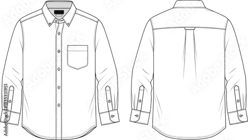 Long sleeve button-up shirt sketch, technical fashion illustration, pointed collar, chest pocket, cuff and placket detail, front and back view, vector template