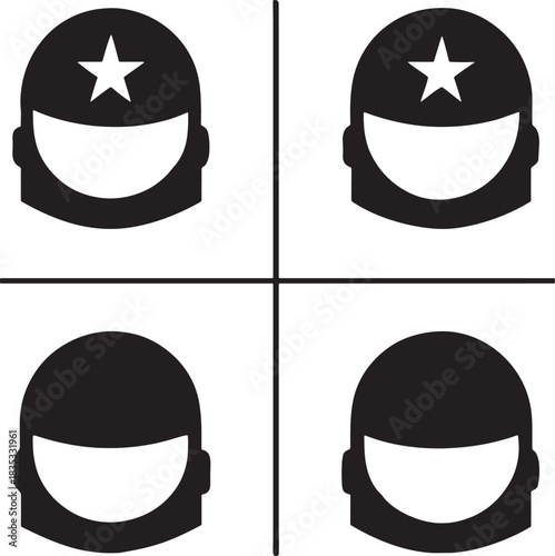 Four Black Astronaut Helmets With Stars On White Background space suit