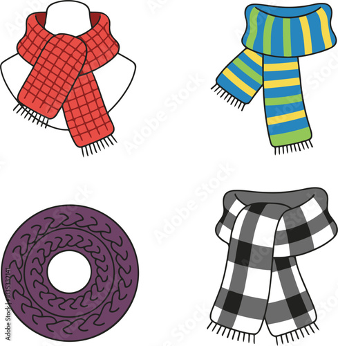 A set of four vector winter scarf illustrations featuring a red checkered scarf on a mannequin outline, a blue and green striped knotted scarf, a purple cable-knit infinity snood, and a classic black 