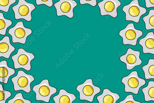 A Set of 6 Unique Seamless Fried Egg Patterns, Illustrations in Various Background Colors, Design, Perfect for Fabric, Wallpaper, Kitchen Decor, and Breakfast Food Styling.