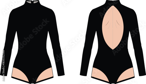 Technical flat sketch of long-sleeve bodysuit, front and back view, fashion illustration, open back and thigh cut-out, apparel vector, garment template