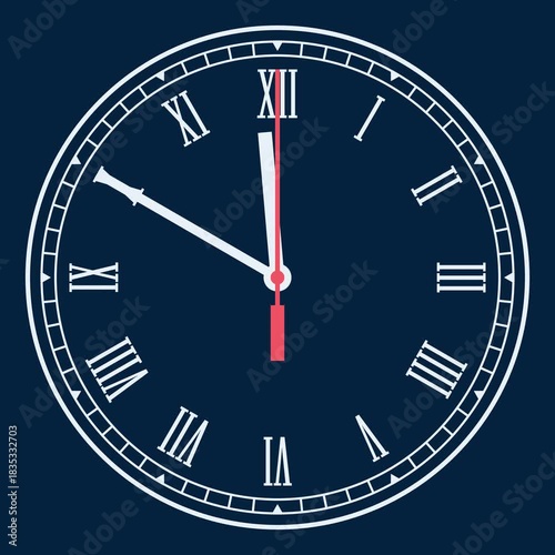 Аnimated clock with a round dial and Roman numerals on a dark blue background. The animation is accelerated 60 times, so that in half a minute the minute hand passes half the dial
