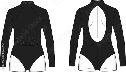 Technical flat sketch of long-sleeve bodysuit, front and back view, fashion illustration, open back detail, apparel vector, garment template
