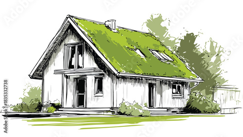 Green House with Green Roof Vector Drawing for Architecture Designs