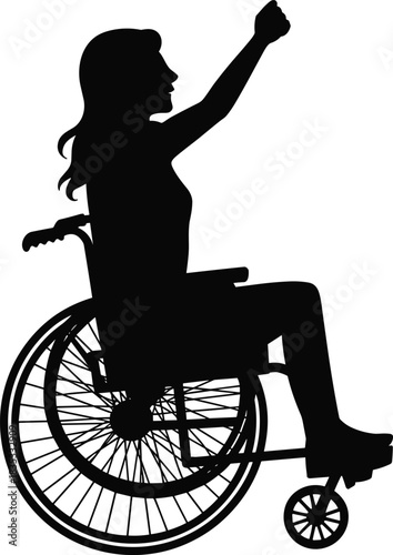 Black Silhouette of a Determined Woman in a Wheelchair Raising Her Fist, Symbolizing Empowerment, Disability Rights, Victory, and Overcoming Challenges