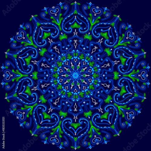 Symmetrical openwork pattern on a dark blue background. It can be used for printing on various materials or as a project for lighting design.