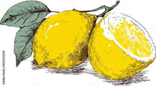 Vibrant Lemon Drawing and Illustration with Lemon Fruit on Top Vector Design