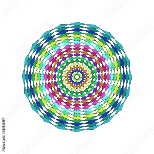 Vibrant circular pattern with concentric circles of colorful stripes on a white background