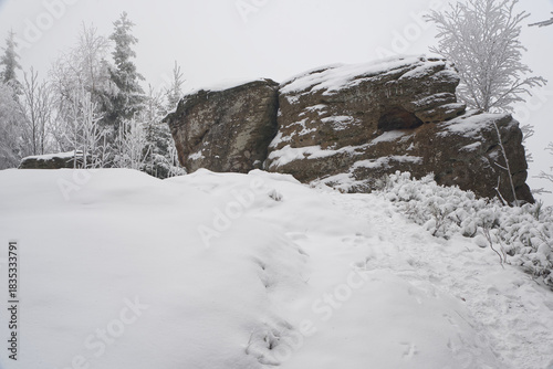 Fototapeta Naklejka Na Ścianę i Meble -  Rokc formation between Kiczory and Kyrkawica hills in winter Beskid Slaski mountains on polish-czech borders
