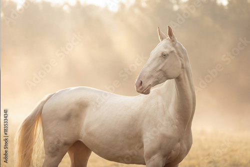 Fotografie Elegant cream-colored Akhal-Teke horse standing in a sunlit field with a dreamy,