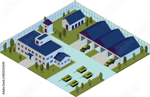 Isometric military base with tanks and trucks, 3D illustration, army compound, barracks, garage, defense facility, secure perimeter