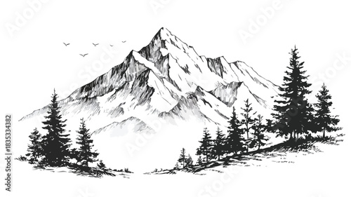 Majestic Mountain Landscape Drawing with Distant Mountain