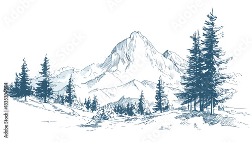 Scenic Mountain Landscape with Trees and Clouds Vector Illustration
