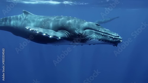Underwater shot showcasing two large whales gracefully gliding in deep blue water