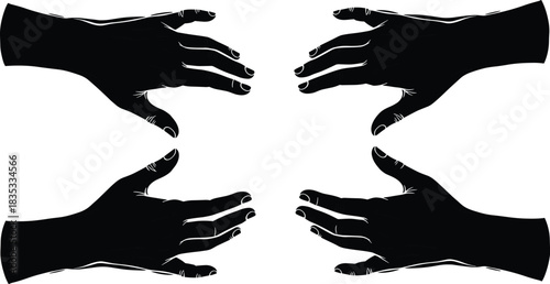 Black Silhouette of Four Human Hands Arranged in a Heart or Square Shape, Representing Connection, Interaction, Support, and Human Relationship Dynamics on White Background