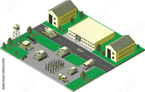 Isometric military base with tanks, soldiers, vehicles, and buildings, modern flat design illustration for defense, army, and warfare concepts.