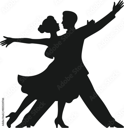 Ballroom Dancing Couple Silhouette Vector Illustration, Man and Woman Performing a Swing Dance, Tango, or Waltz, Romantic Love and Celebration Graphic Design Element
