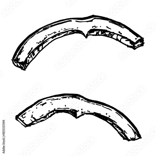 Black and white vector illustration of sliced pepper pieces with curved forms and textured edges. Clean line details, suitable for ingredient set, salad themes, spicy cuisine, recipe layouts and pizza