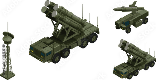 Isometric military missile system trucks, radar tower, armored launcher vehicles, defense equipment illustration, strategic weapon platforms, modern army artillery units