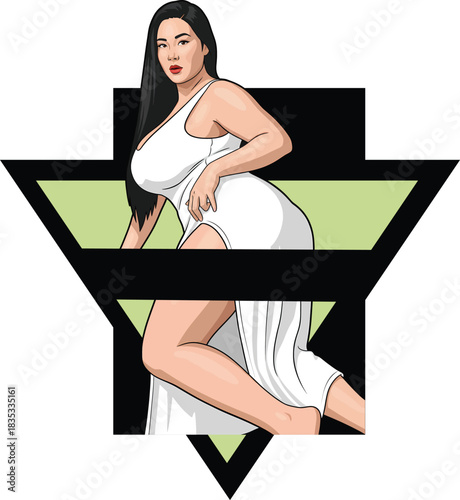 Elegant plus size woman in white dress with high slit posing in a geometric triangle frame