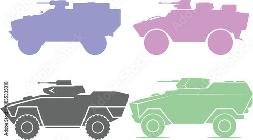 Armored vehicle silhouettes, military reconnaissance cars, combat transport icons, tactical defense machines, modern armored personnel carriers, isolated vector illustration set