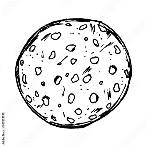 Vector illustration of a round salami slice with scattered fat pieces and rough texture. Clean line drawing makes it suitable for pizza topping sets, deli ingredient collections and food graphics.