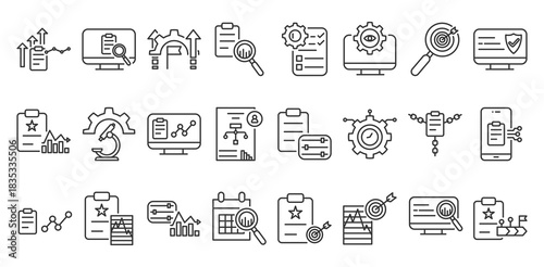 Icon pack of evaluation in creative outline vector style for business focusing on performance review metric analysis workflow assessment progress tracking tools and productivity improvements