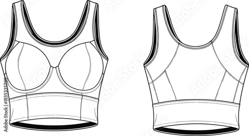 Technical flat sketch of women’s sports bra, front and back view, fashion illustration, racerback seam detail, apparel vector, garment template