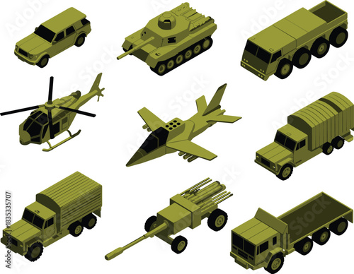 Isometric military vehicle set, 3D army transport icons for game design, defense strategy, logistics, and warfare concept art
