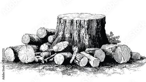 Detailed Drawing of Logs Pile with Tree Stump Sketch