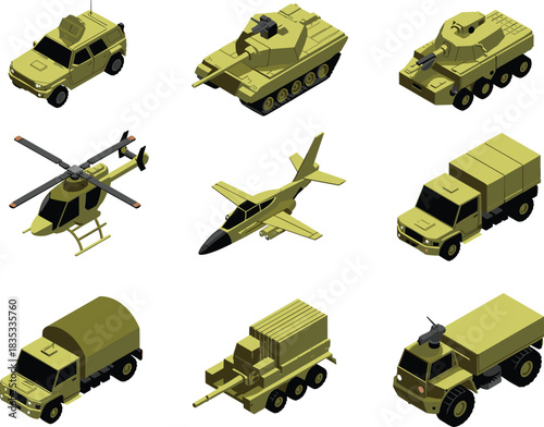 Isometric military vehicle set, 3D army transport icons for game design, defense strategy, logistics, and warfare concept art