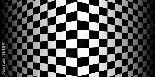 Retro perspective background stage with a black and white checkered floor, featuring vintage chess board style. Fading away vanishing checkerboard texture. Abstract vector illustration pattern surface