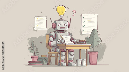 Robot taking an online multiple choice test in pastel illustration