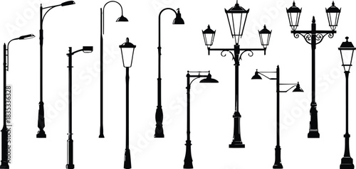 Silhouette collection of diverse street lamps and light posts