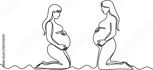 Continuous Line Art Drawing of Two Pregnant Women Kneeling, Symbolizing Motherhood, Family, and Fertility, Single Line Minimalist Black and White Vector Illustration