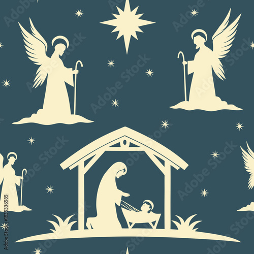 Seamless pattern of the birth of Jesus. Joseph and Mary in Bethlehem