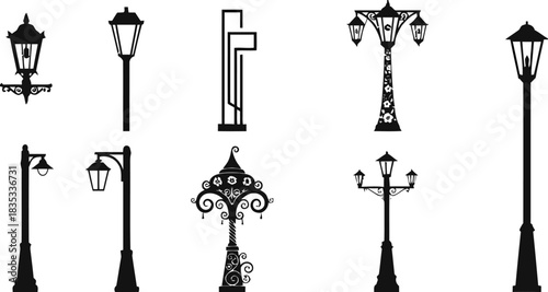 Collection of various decorative street lamp silhouettes on white background