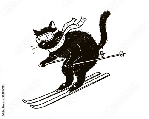 Skiing cat black and white line art illustration